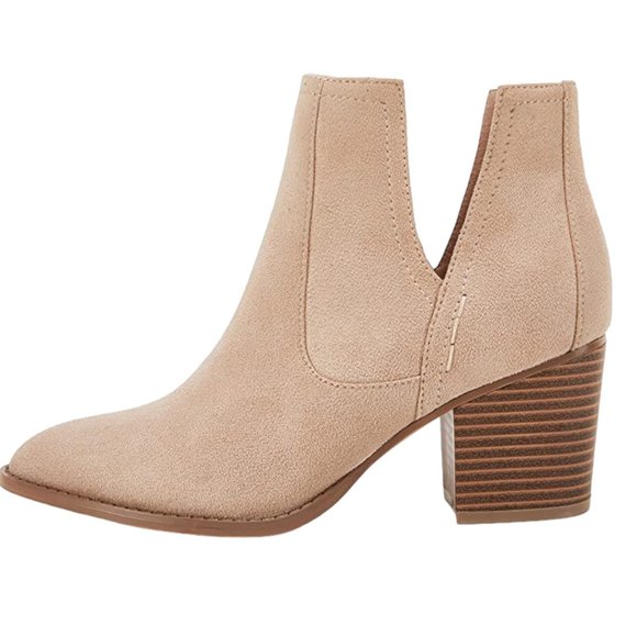 Womens Pointed Toe Ankle Boot Cutout Chunky Heel Bootie Nude Size 10 - Picture 2 of 8